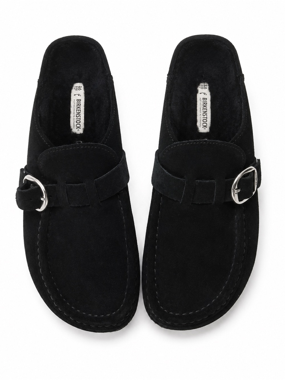 Birkenstock Black Suede Buckle Mule Slides